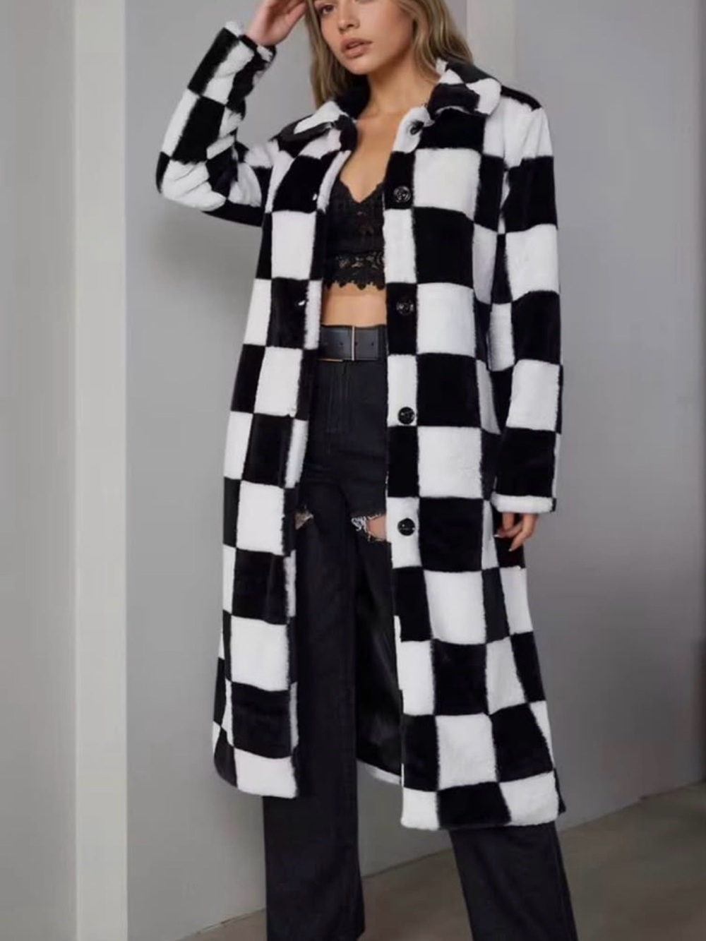 Black & White Check Long Faux Fur Coat - Women - Picture 5 of 5